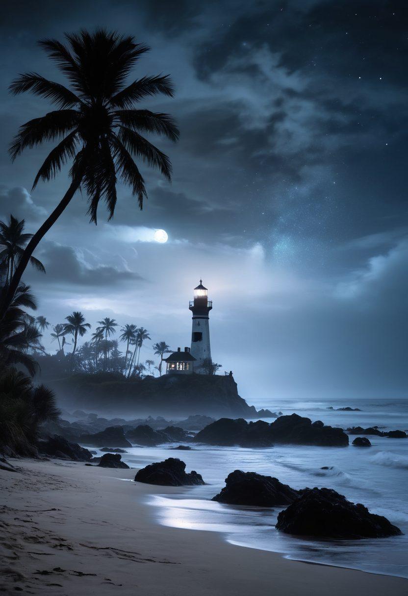 A moonlit beach with crashing waves and ghostly apparitions spilling haunting tales of sea monsters and shipwrecks. Skeletons in pirate attire scattered along the shore with a mysterious fog rolling in. Silhouettes of spooky palm trees and an old lighthouse glowing faintly in the distance. The sky is dark with swirling clouds, and a subtle shimmer of stars enhances the eerie atmosphere. super-realistic. vibrant colors. atmospheric lighting.