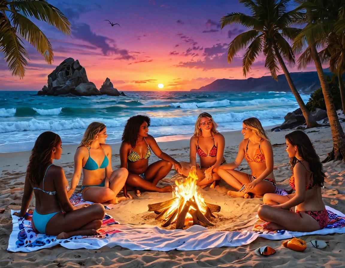 A vibrant beach scene showcasing diverse women of all body types confidently wearing colorful bikinis, enjoying the sun and waves. In the background, a spooky bonfire emitting light, with storytelling friends sharing ghostly tales, surrounded by tasteful summer decorations. Include beach towels, seashells, and palm trees swaying artistically. Capture the warmth of summer and a hint of mystery in the air. vibrant colors. super-realistic. whimsical elements.
