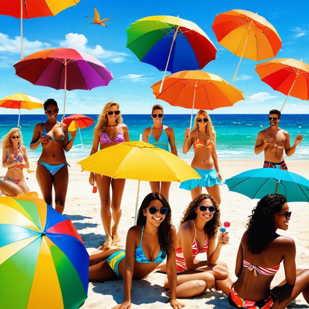 A stylish beach scene featuring diverse people applying sunscreen while wearing trendy swimwear, with vivid beach umbrellas and a sunny ocean backdrop. Include quirky elements like beach-themed monsters peeking from behind the umbrellas, adding a playful twist. Capture the vibrant colors of summer and focus on expressions of joy and surprise. super-realistic. bright colors. whimsical elements.